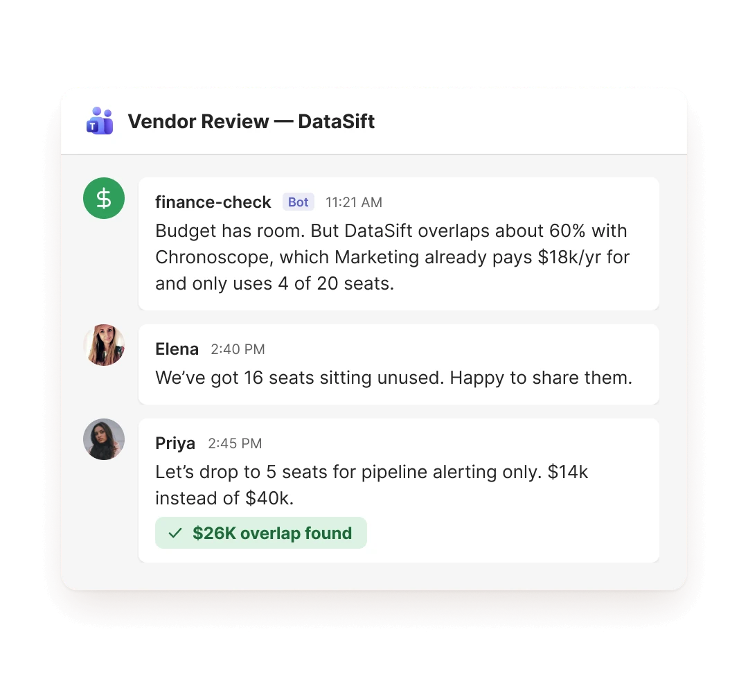 Vendor review room where the finance agent finds a $26K tool overlap