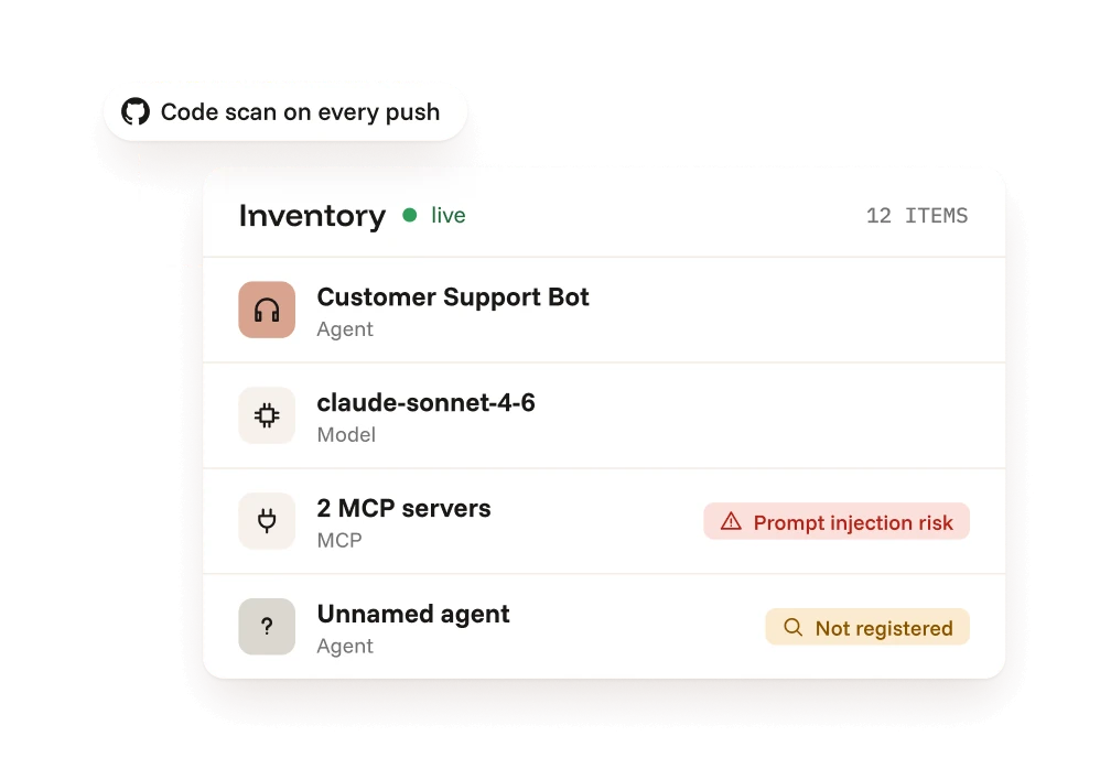Live inventory of every agent found in code, including unregistered ones