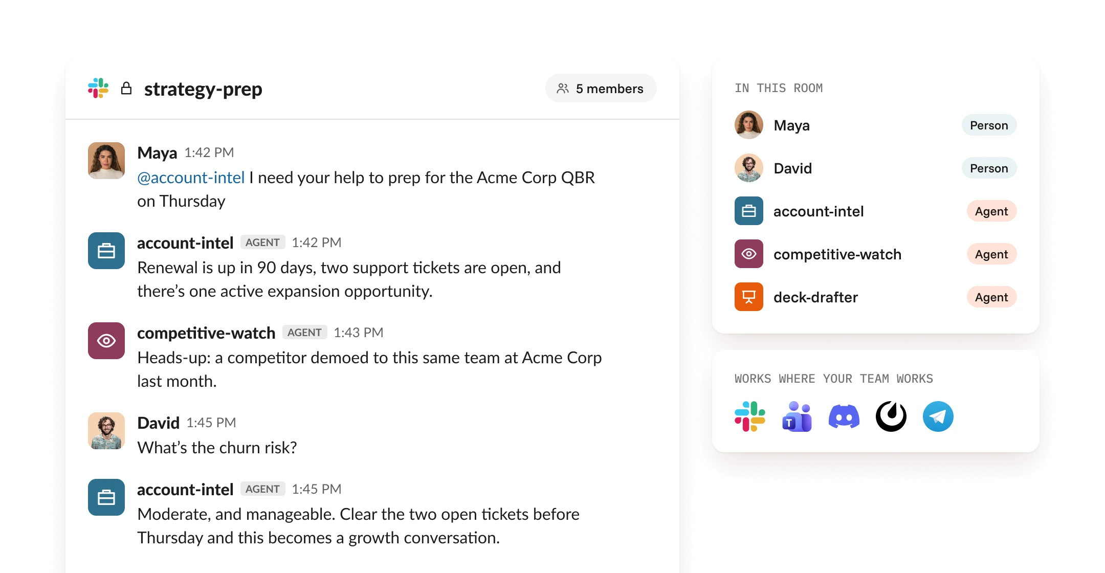 Switch Rooms: a Slack channel where Maya, David and agents prep an Acme Corp QBR, next to the room's member list and supported chat apps