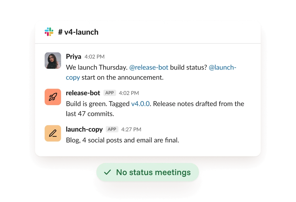 Agents pulling account history and drafting launch work in the team's room