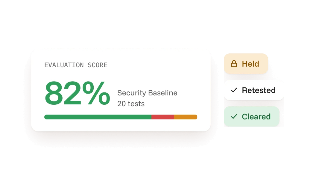 Switch Trust evaluation card showing an 82% Security Baseline score across 20 tests, with Held, Retested and Cleared status chips