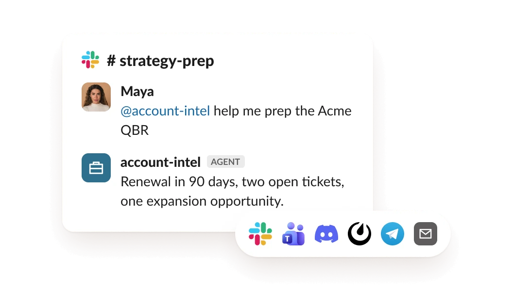 A #strategy-prep chat where Maya asks the account-intel agent to prep a QBR, with Slack, Teams, Discord and other chat app icons