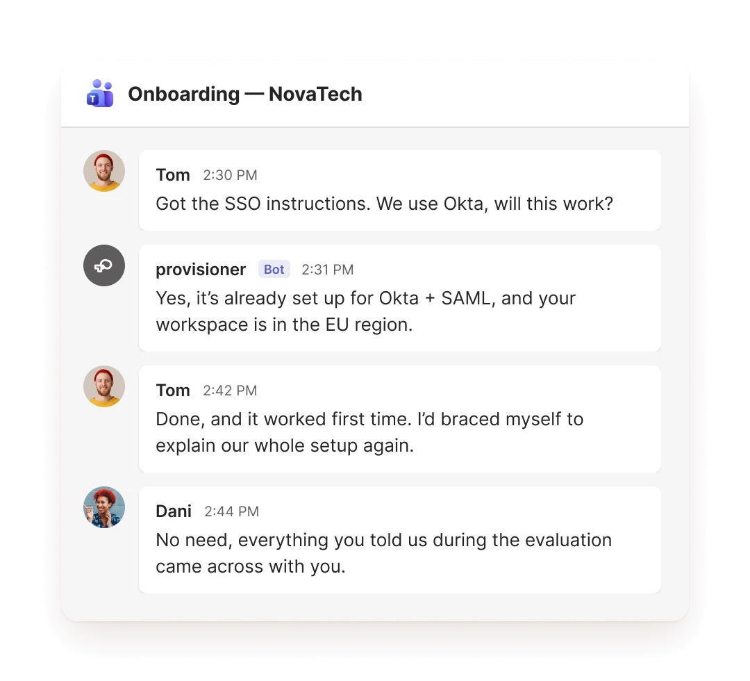 Customer onboarding room where requirements carry over from pre-sales