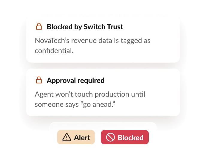 Switch Trust blocks a message with confidential revenue data and asks for approval before an agent touches production