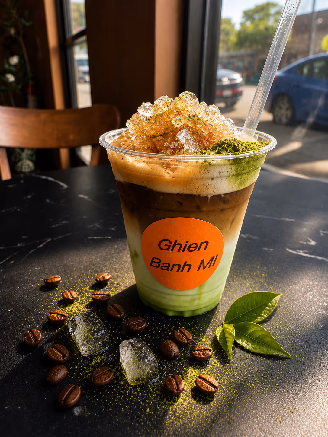 Layered iced matcha and coffee drink in a clear cup with ice cubes on a black table with coffee beans and green leaves.