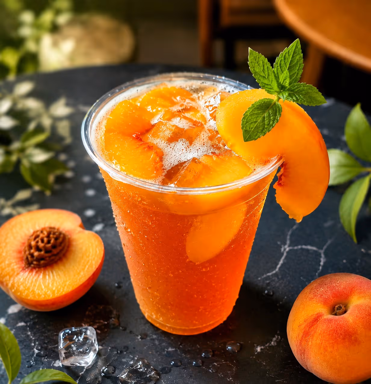 Iced peach tea with peach slices and a mint sprig in a clear plastic cup on a dark surface.