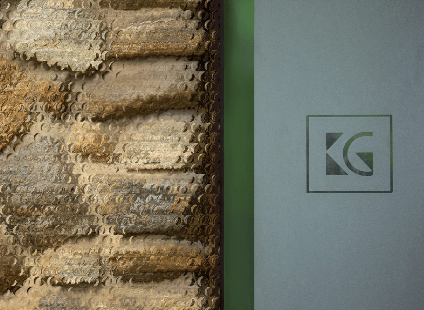 Close-up of a textured surface with a green vertical strip next to a gray area featuring a KG logo.