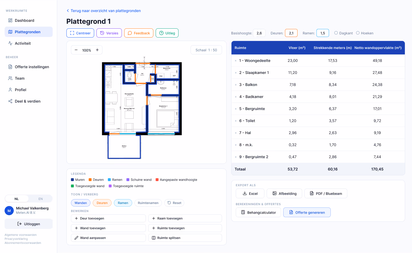 Meten.AI dashboard met plattegrond en automatisch berekende wandoppervlaktes per ruimte