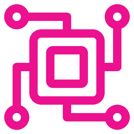 Pink icon of a microchip with four circular nodes connected by lines.