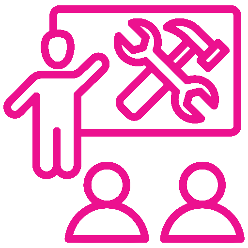 Icon of a person presenting tools on a board to an audience of two people.