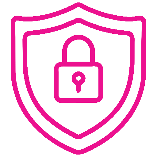 Pink outline of a shield with a padlock symbol inside representing security.