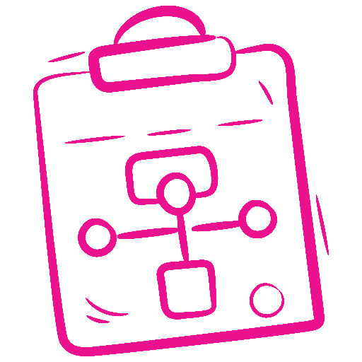 Pink clipboard icon with a simple flowchart showing connected nodes and a square.