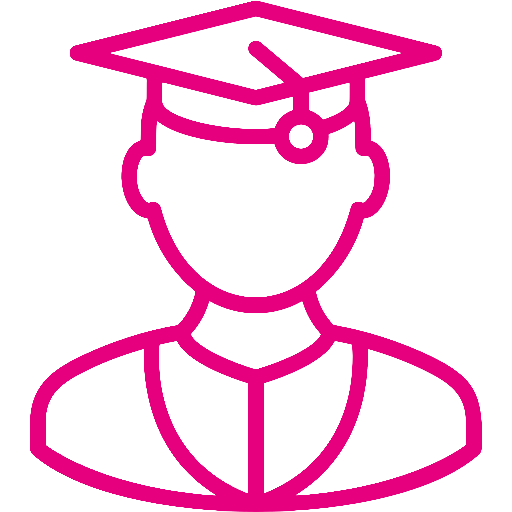 Icon of a person wearing a graduation cap and gown in pink outline.