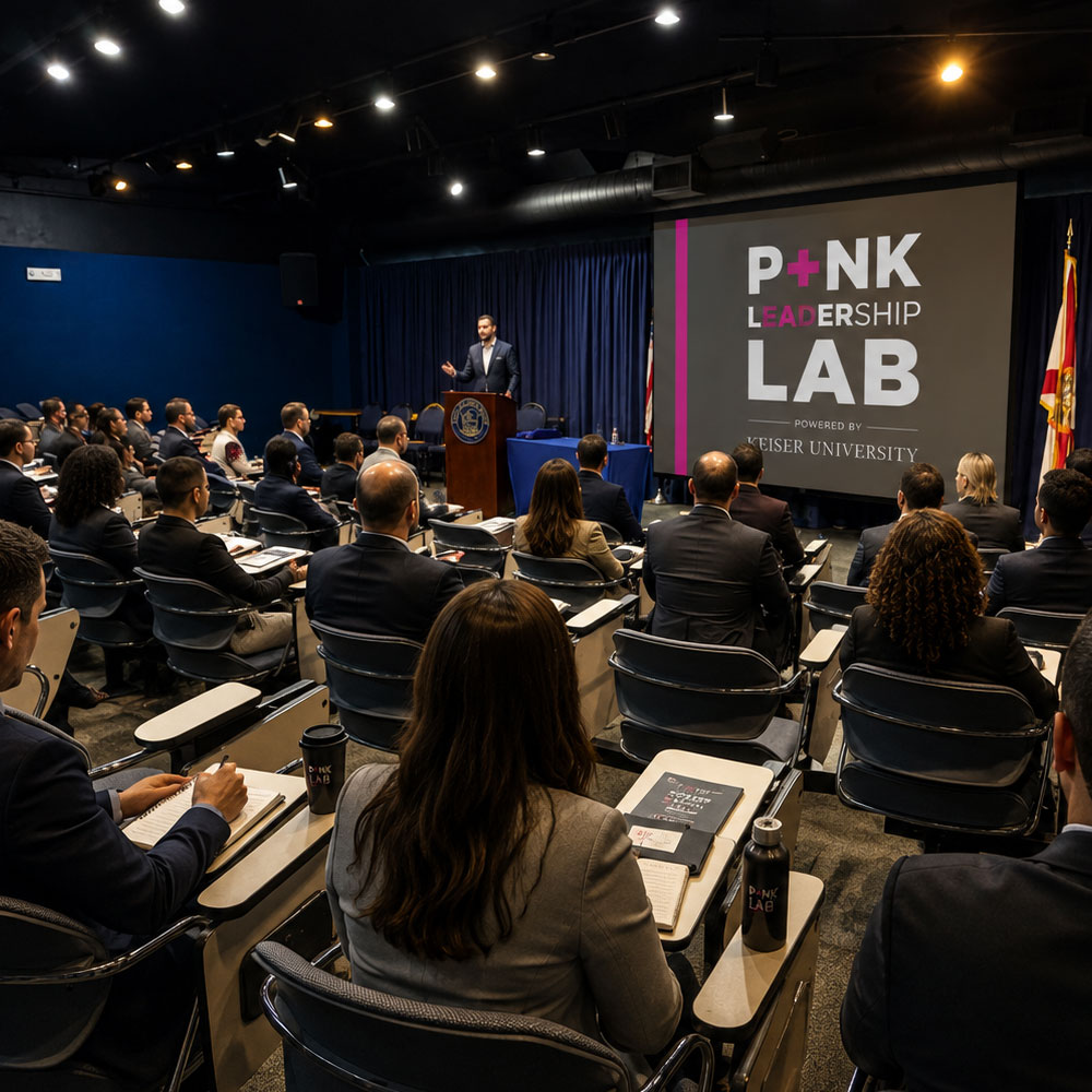 Audience listening to a speaker presenting at P+NK Leadership Lab powered by Keiser University.