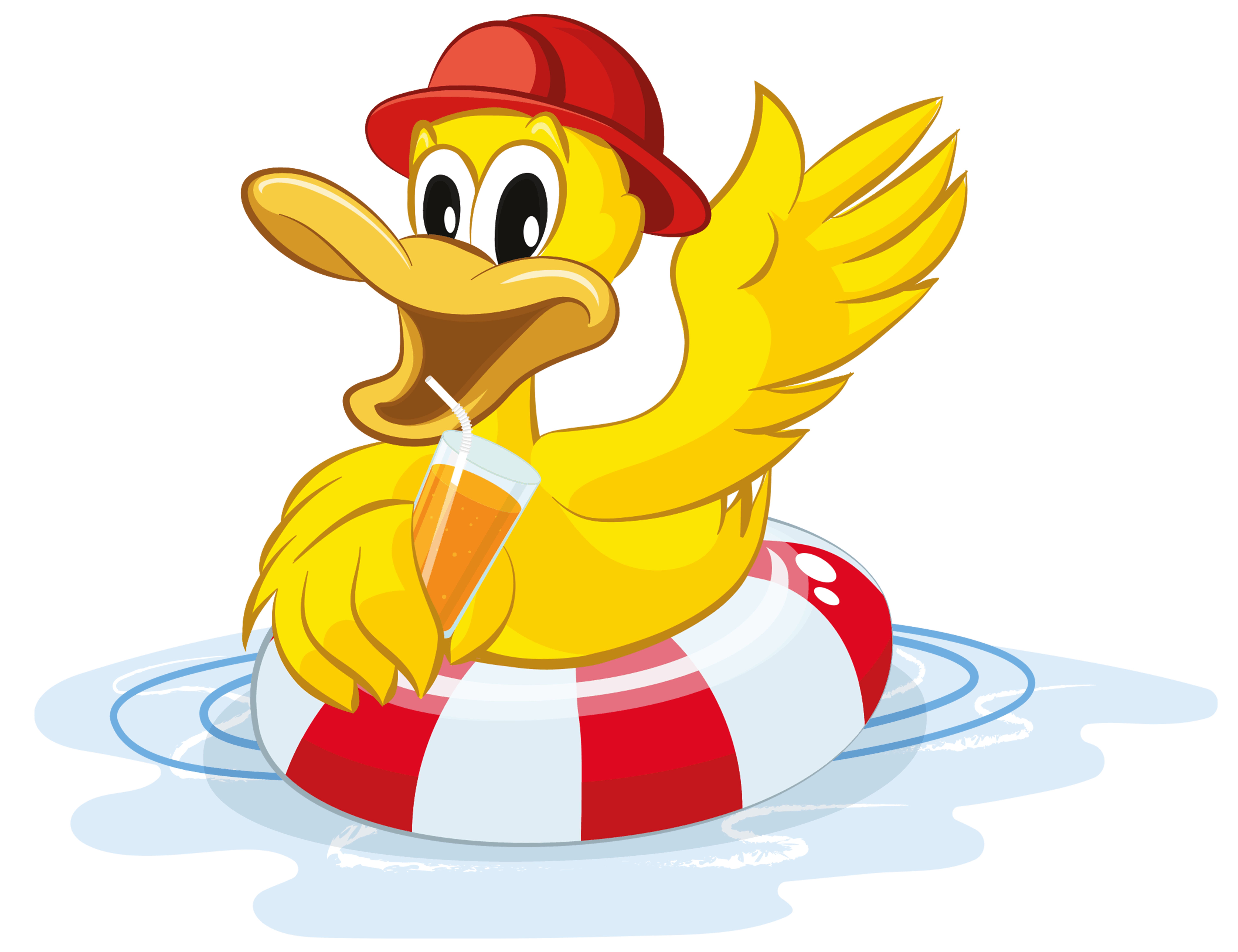 Cartoon yellow duck wearing a red hat in a red and white float ring, drinking from a glass with a straw.