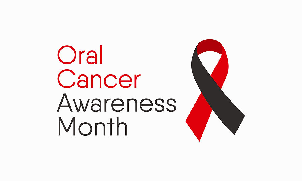Text "Oral Cancer Awareness Month" beside a red and black ribbon on white background, conveying awareness and support.