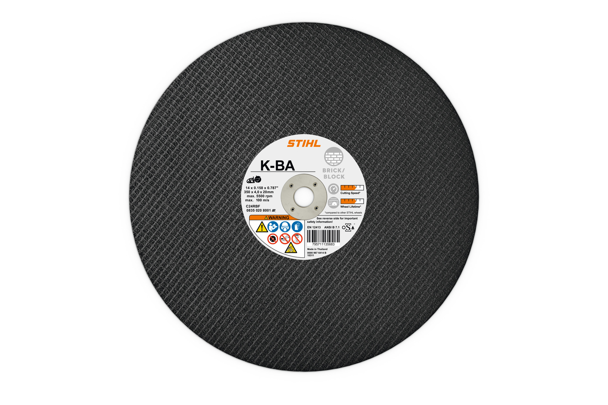 K-BA resin cutting wheel, 12" diameter: for masonry needs where an abrasive cutting wheel is the logical choice.