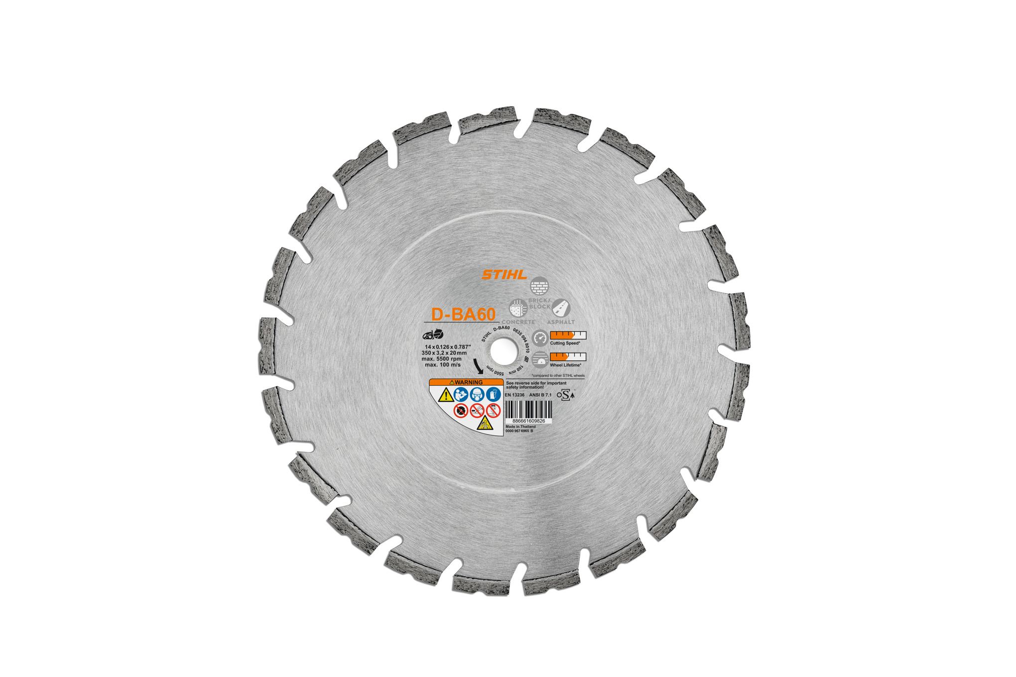 D-BA60 diamond cutting wheel, 16" diameter: For asphalt, fresh concrete, concrete, sandstone and brick