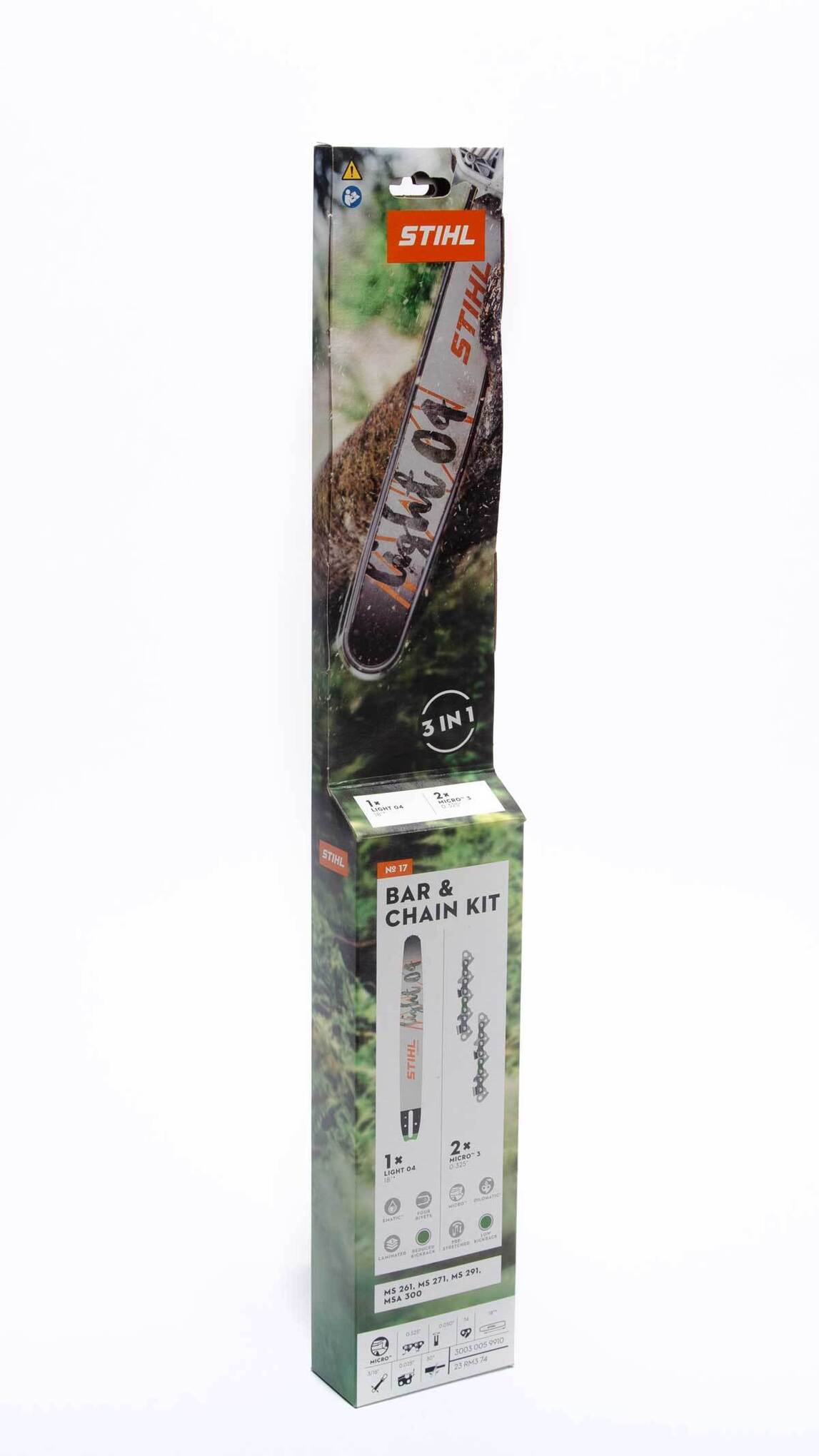 Fits MS 261, MS 271, MS 291, MSA 300. Includes (1) 18” Guide Bar & (2) Loops of 18” Saw Chain (23 RM3 74).