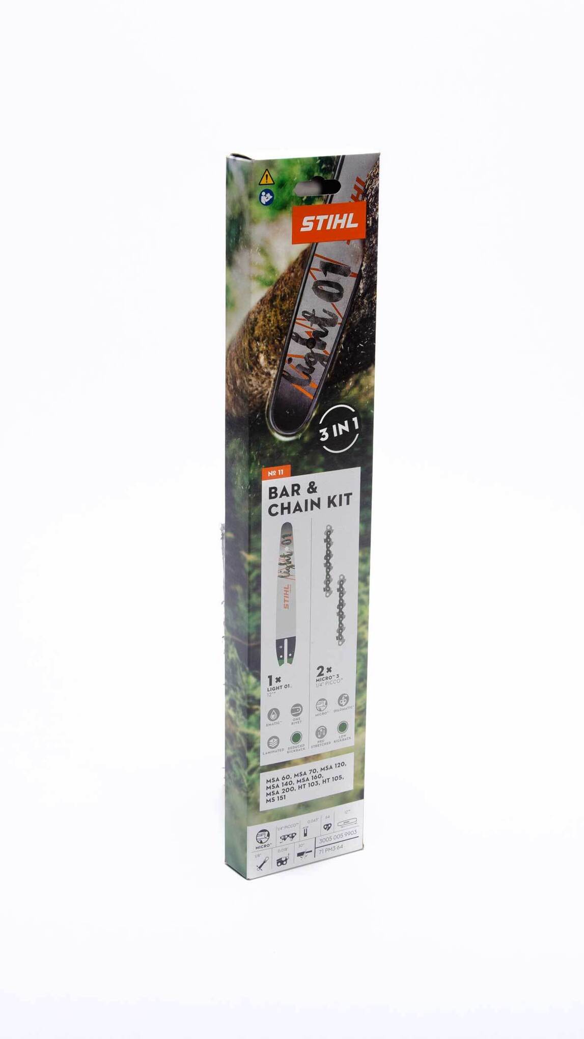 Fits MSA 60, MSA 70, MSA 120, MSA 140, MSA 160, MSA 200, HT 103, HT 105, MS 151. Includes (1) 12" Guide Bar & (2) Loops of 12" Saw Chain (71 PM3 64).