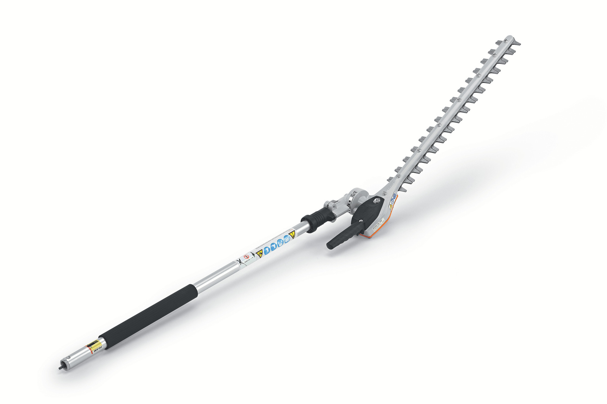 A KombiSystem hedge trimmer attachment with a lightweight gearbox and an adjustable 145° working range.