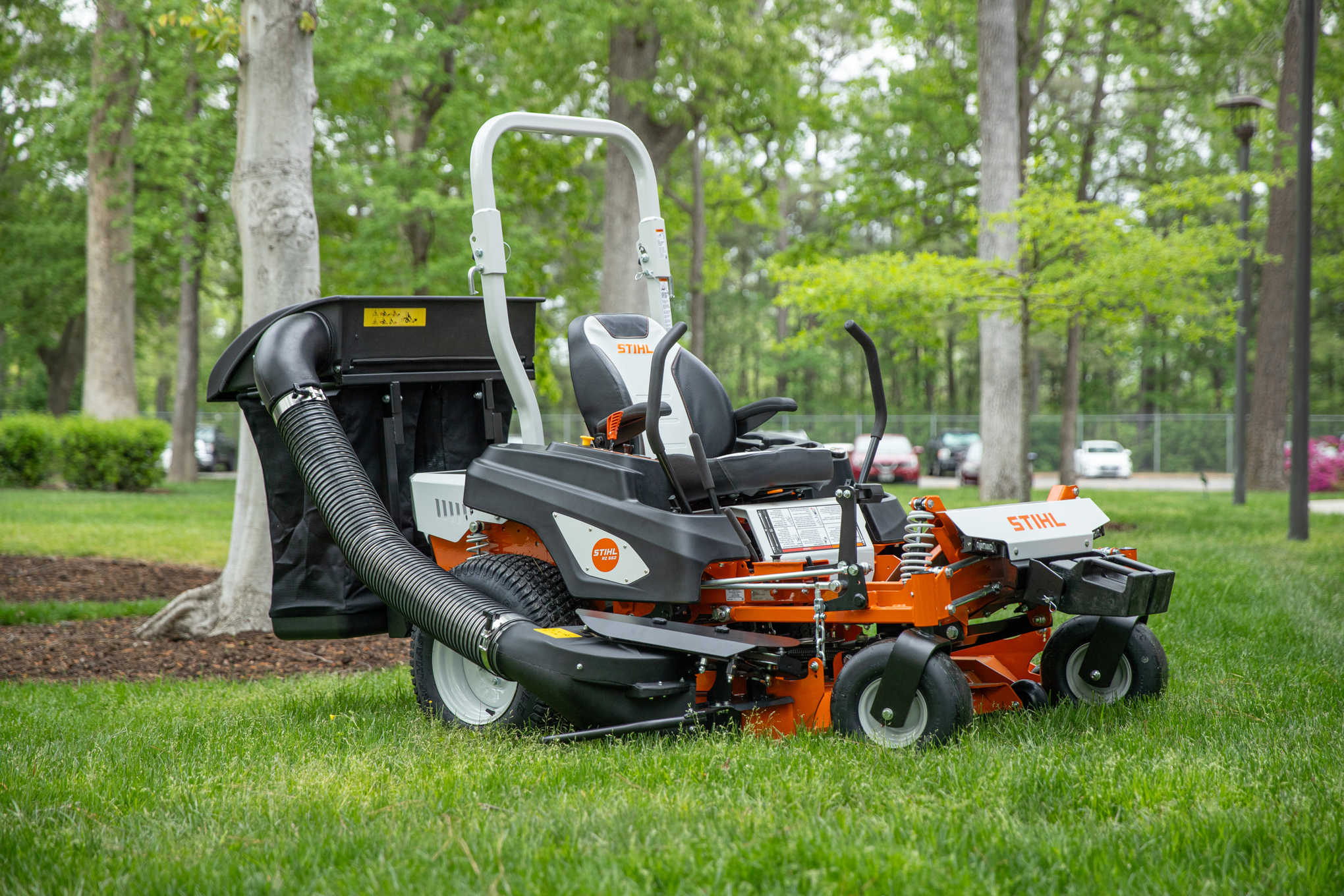 Capture lawn clippings and leaves with STIHL RZ collection systems for zero-turn mowers.