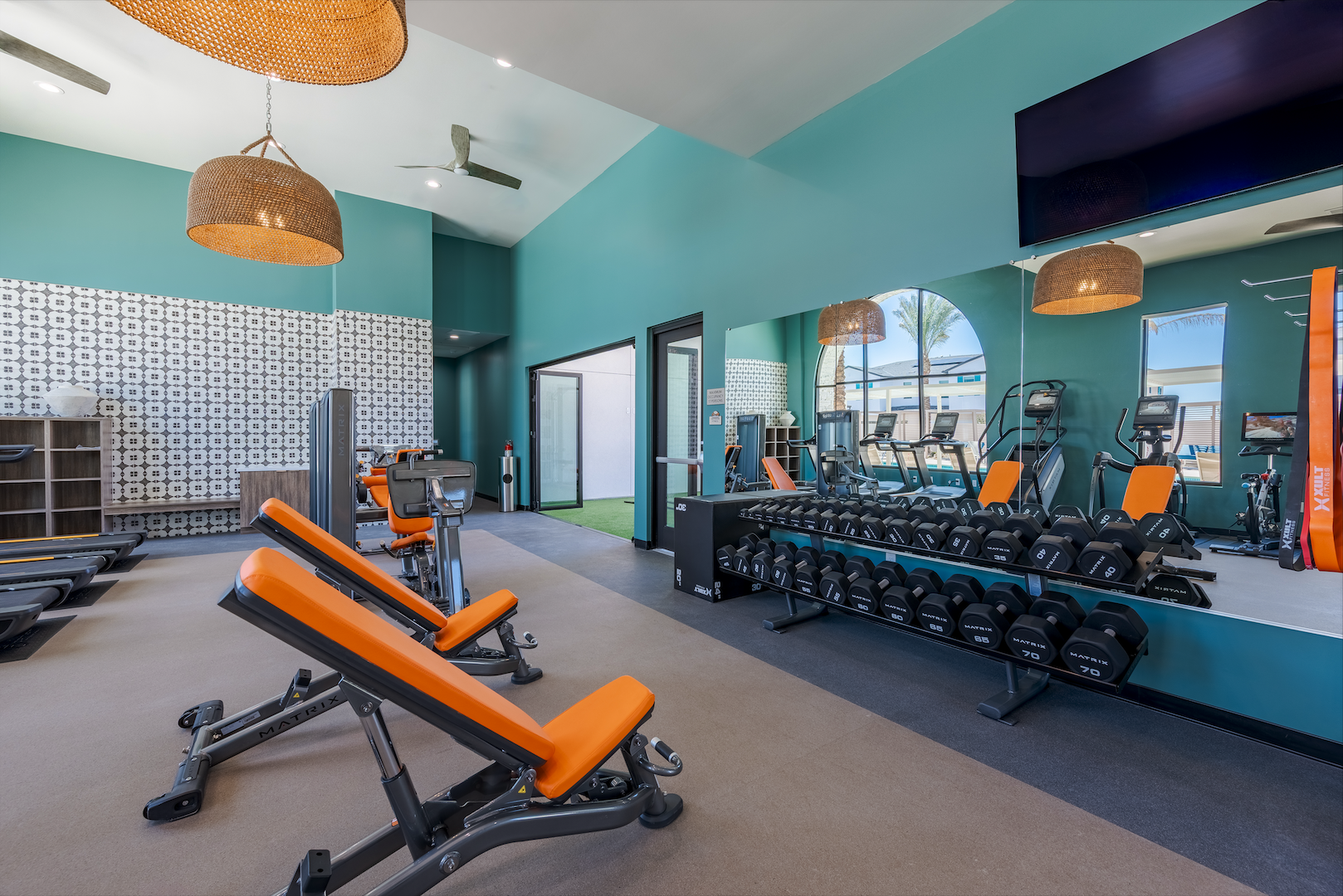 Community room with tv, fireplace, billiards table and view of pool