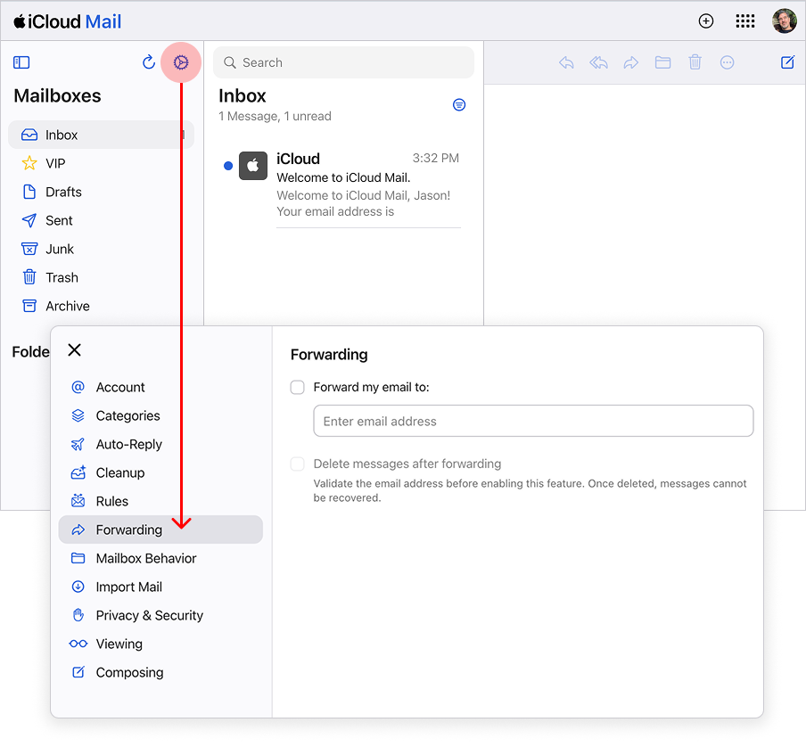 iCloud Mail settings showing the Forwarding panel with 'Forward my email to' field