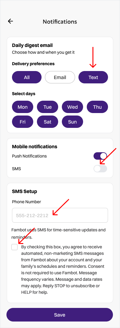 Fambot Notifications settings screen, scrolled to the bottom showing SMS setup