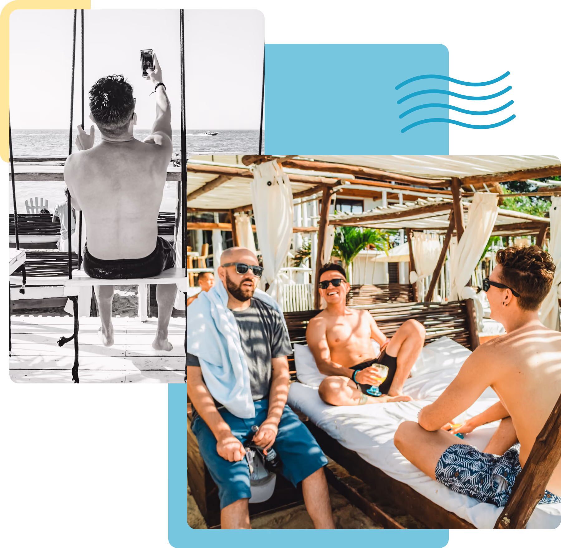 Three men relaxing on beach beds and swing near the ocean under sunny skies.