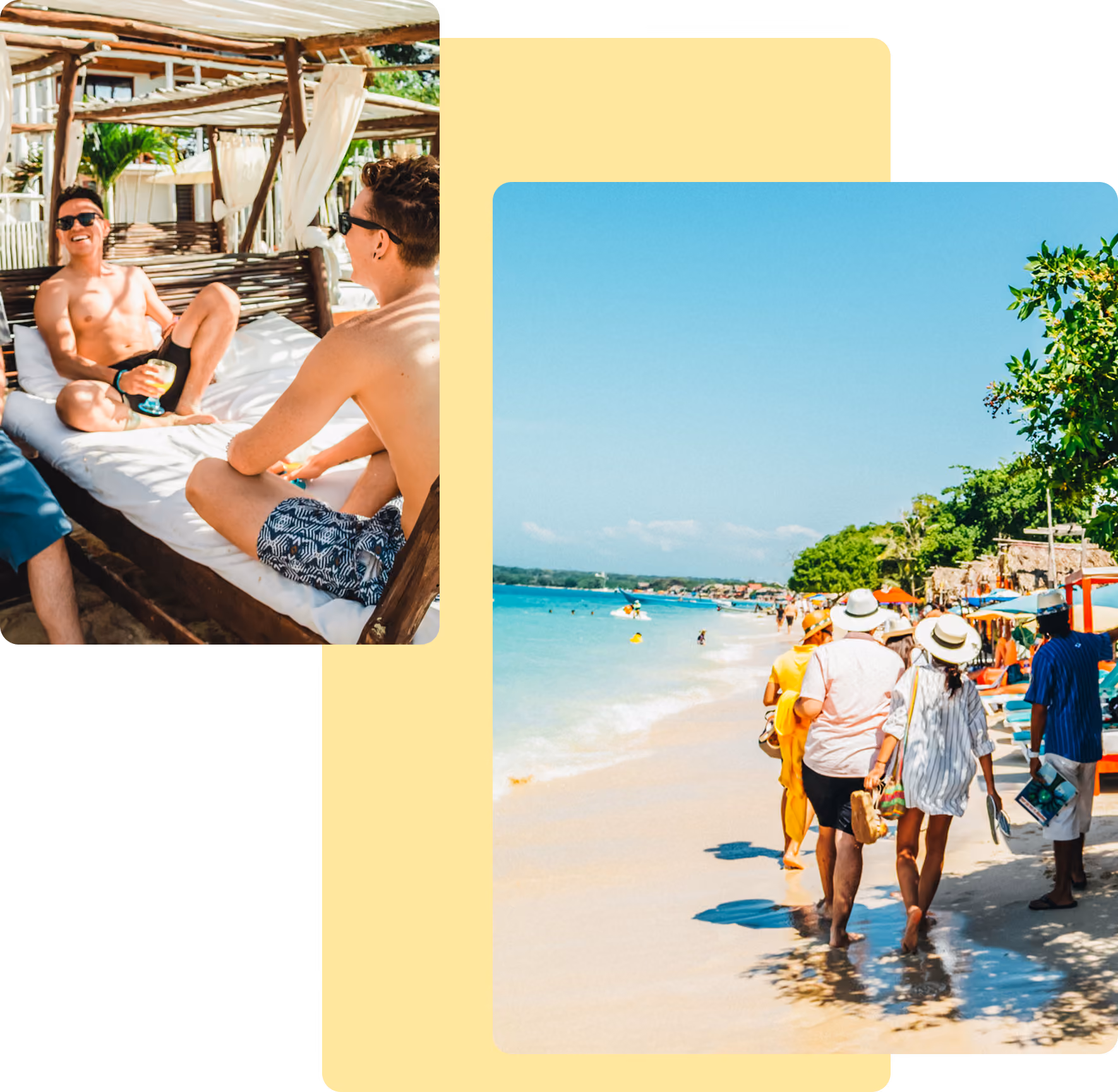 People walking on a sunny beach and friends relaxing on a shaded beach bed.