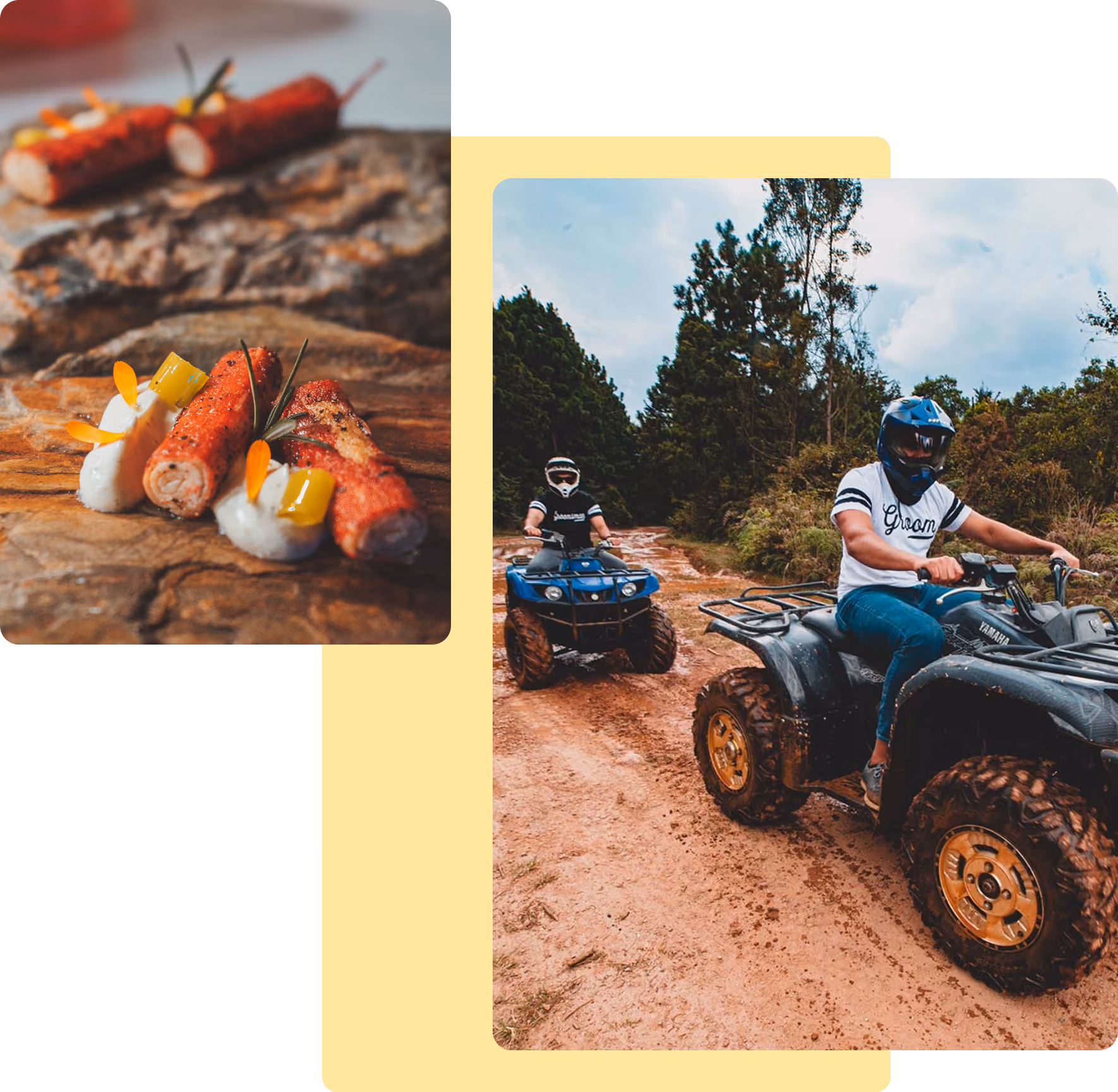 Two people riding all-terrain vehicles on a dirt path surrounded by trees under a cloudy sky.