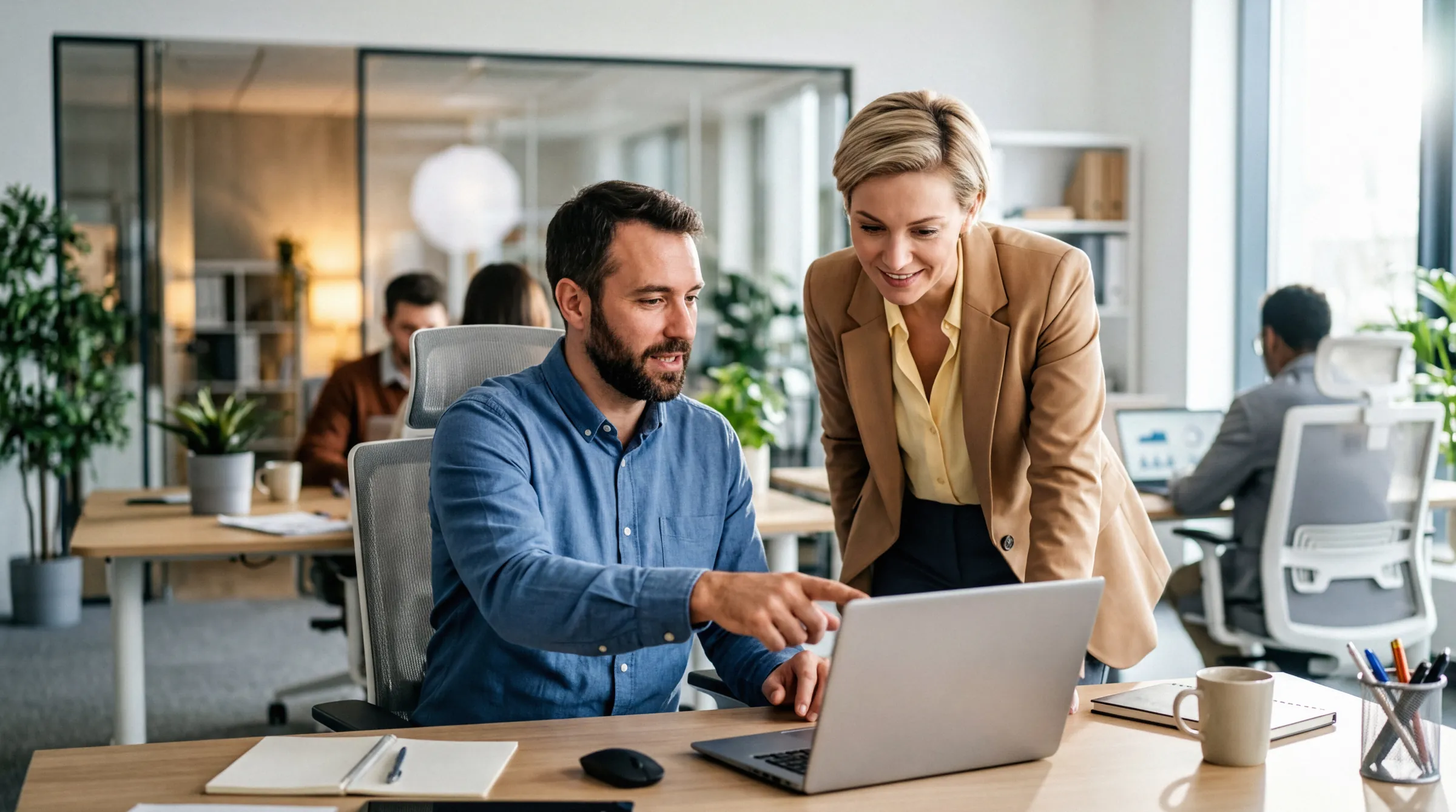 Manager and employee reviewing work on a laptop