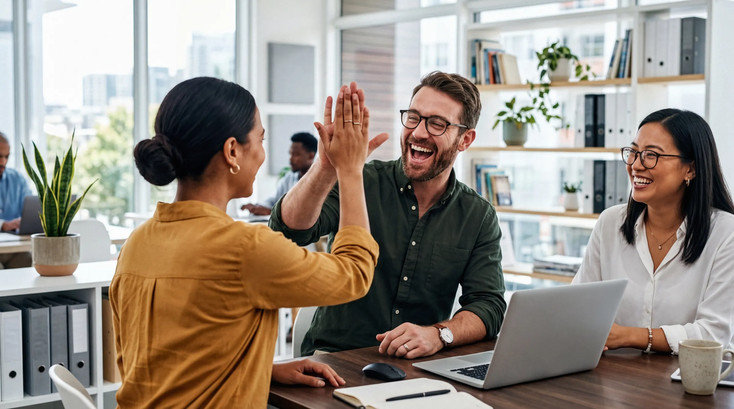 Colleagues high-fiving at a shared desk