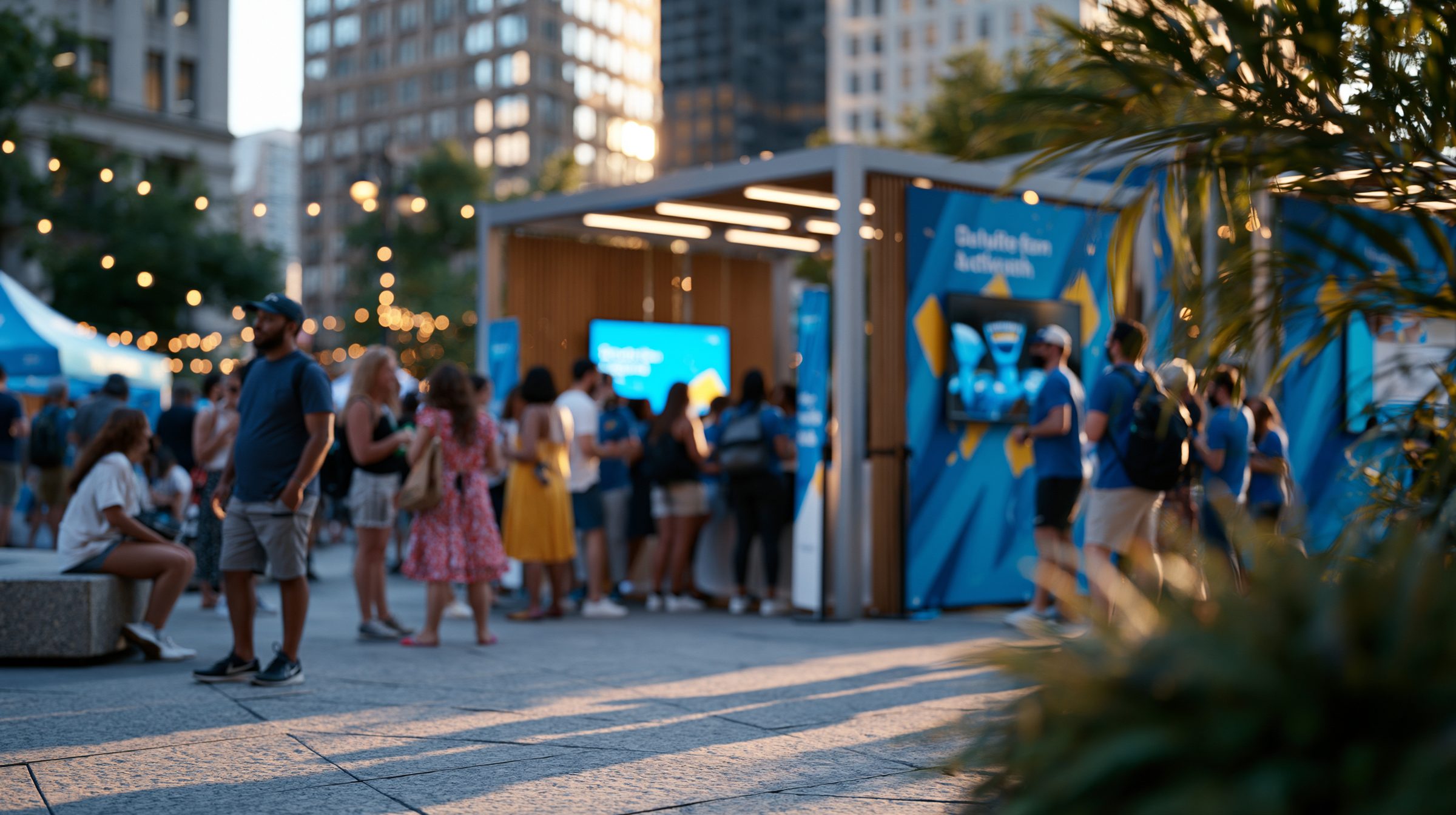 Employees gathered at an outdoor activation event in the city at dusk