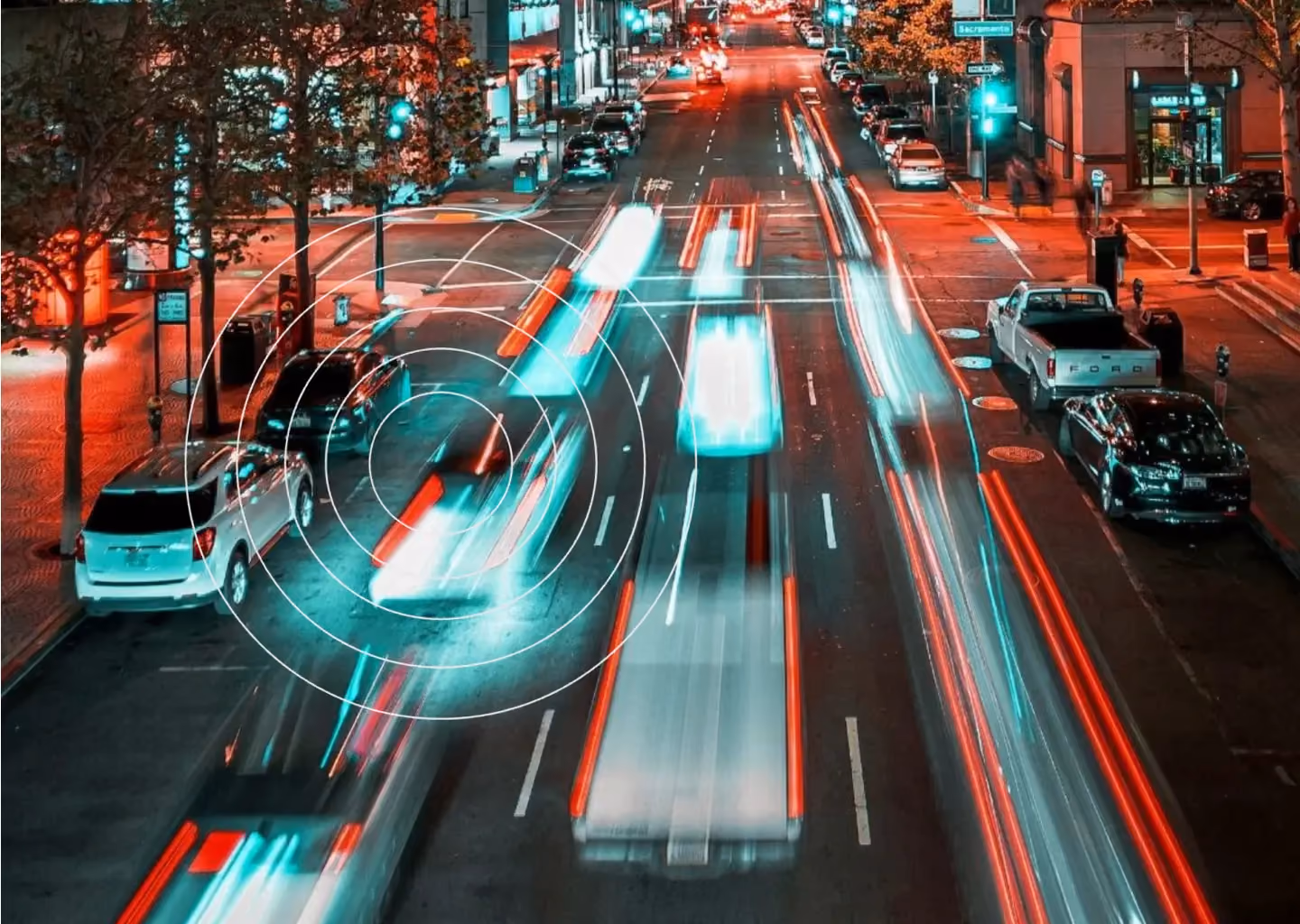 Smart city traffic monitoring system visualizing vehicle movement on a busy urban street.