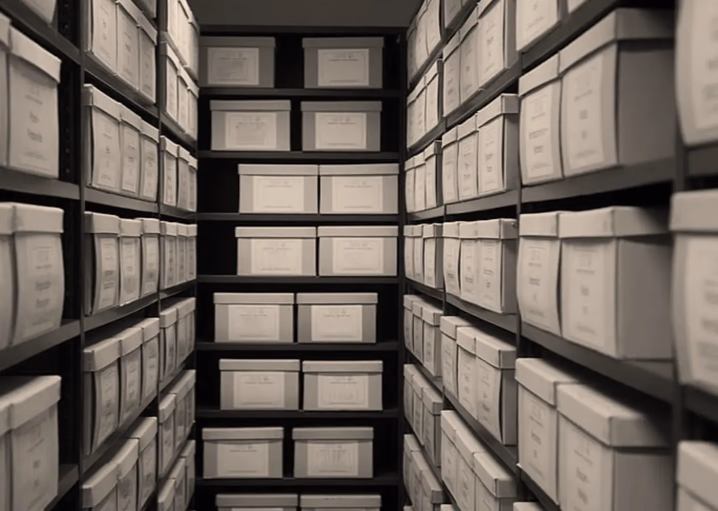 Archive storage room with shelves lined with labeled document boxes, representing records management, legal document retention, and information governance.