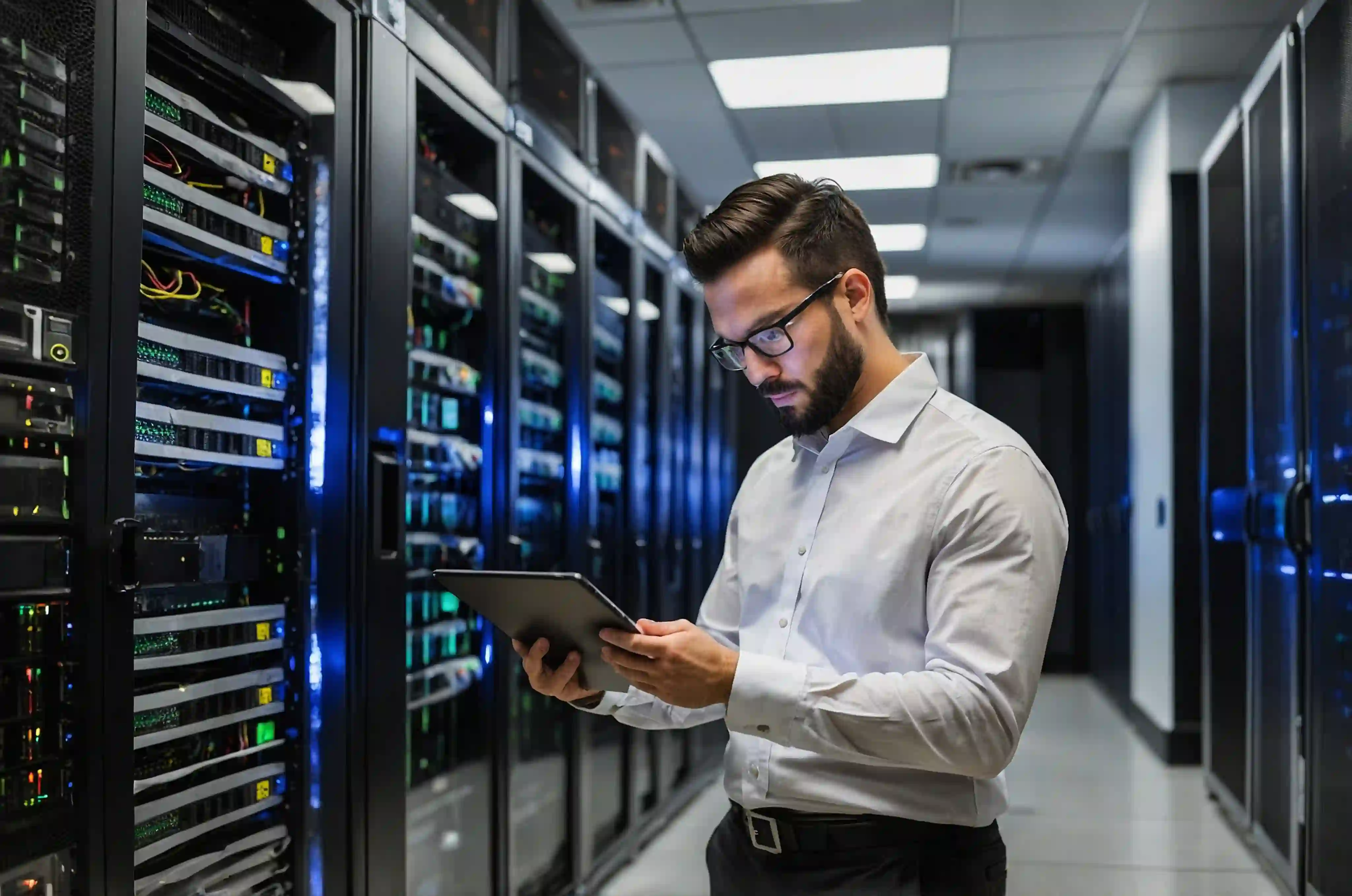 IT professional using a tablet to monitor and manage server infrastructure in a data center.
