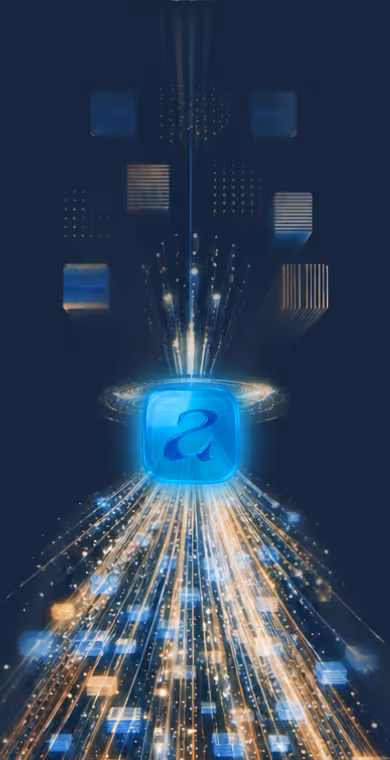 Glowing blue cube with Adaptif's Logo sending light beams and digital data upwards in dark space.