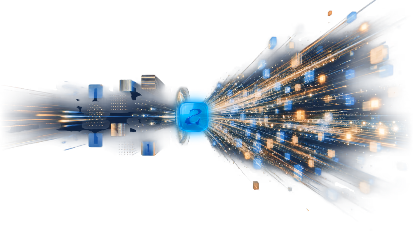 Blue cube with Adaptif's logo streams of glowing data blocks and light trails.