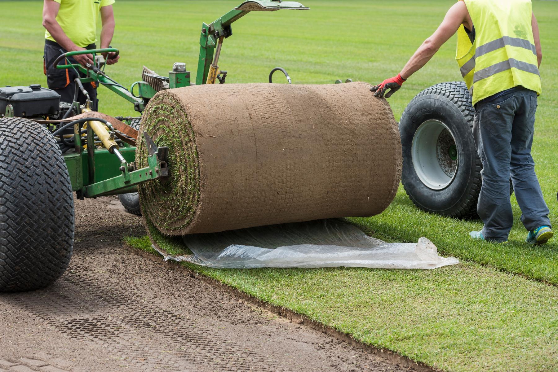 Two workers using a machine to roll out a large sod roll on a grass field.