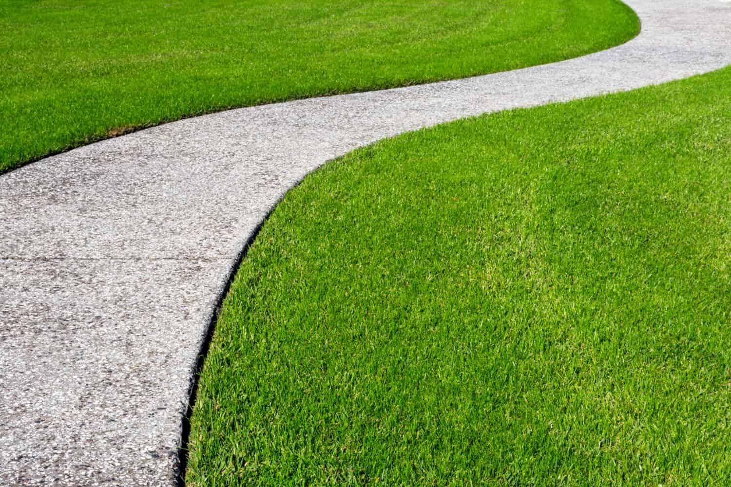 Curved concrete pathway bordered by neatly trimmed bright green grass lawn.