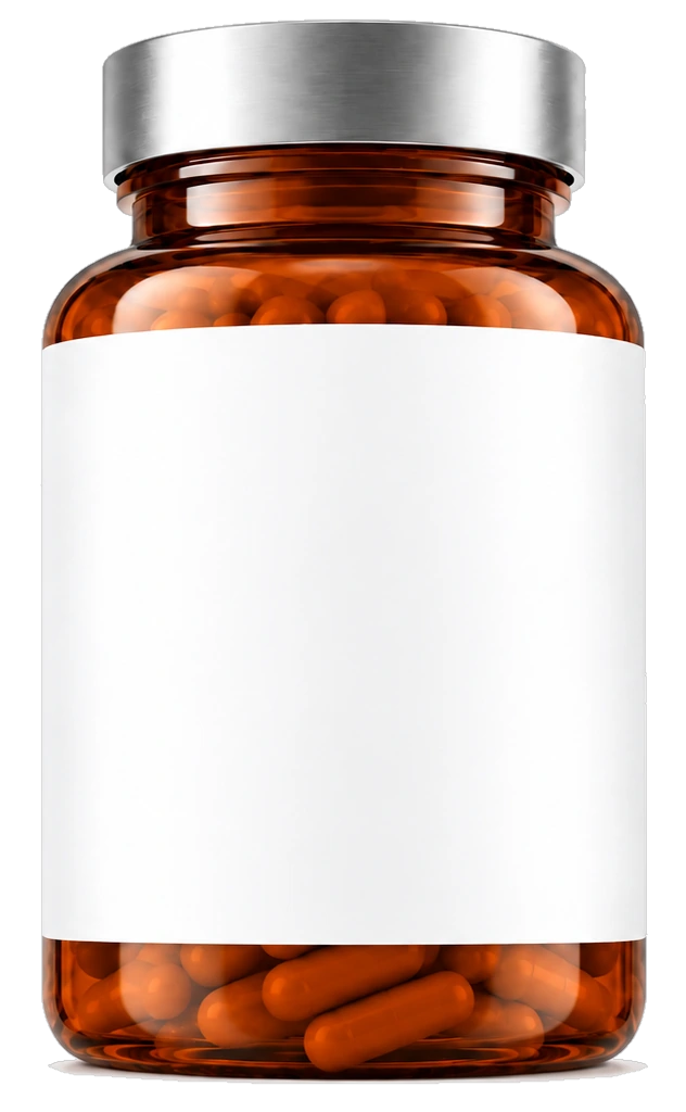 Clear supplement bottle with a blank label, ready for branding