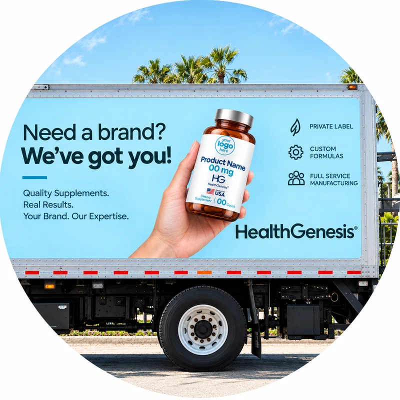 Health Genesis delivery truck with private label supplement branding