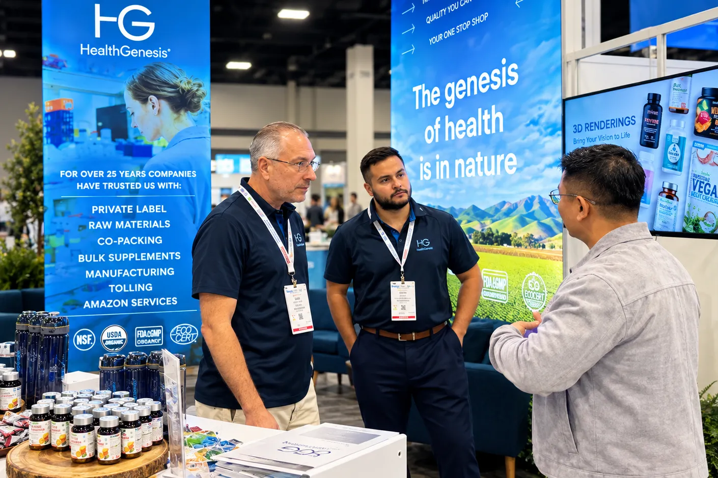 Health Genesis Corporation team members meeting with a visitor at the company's trade show booth