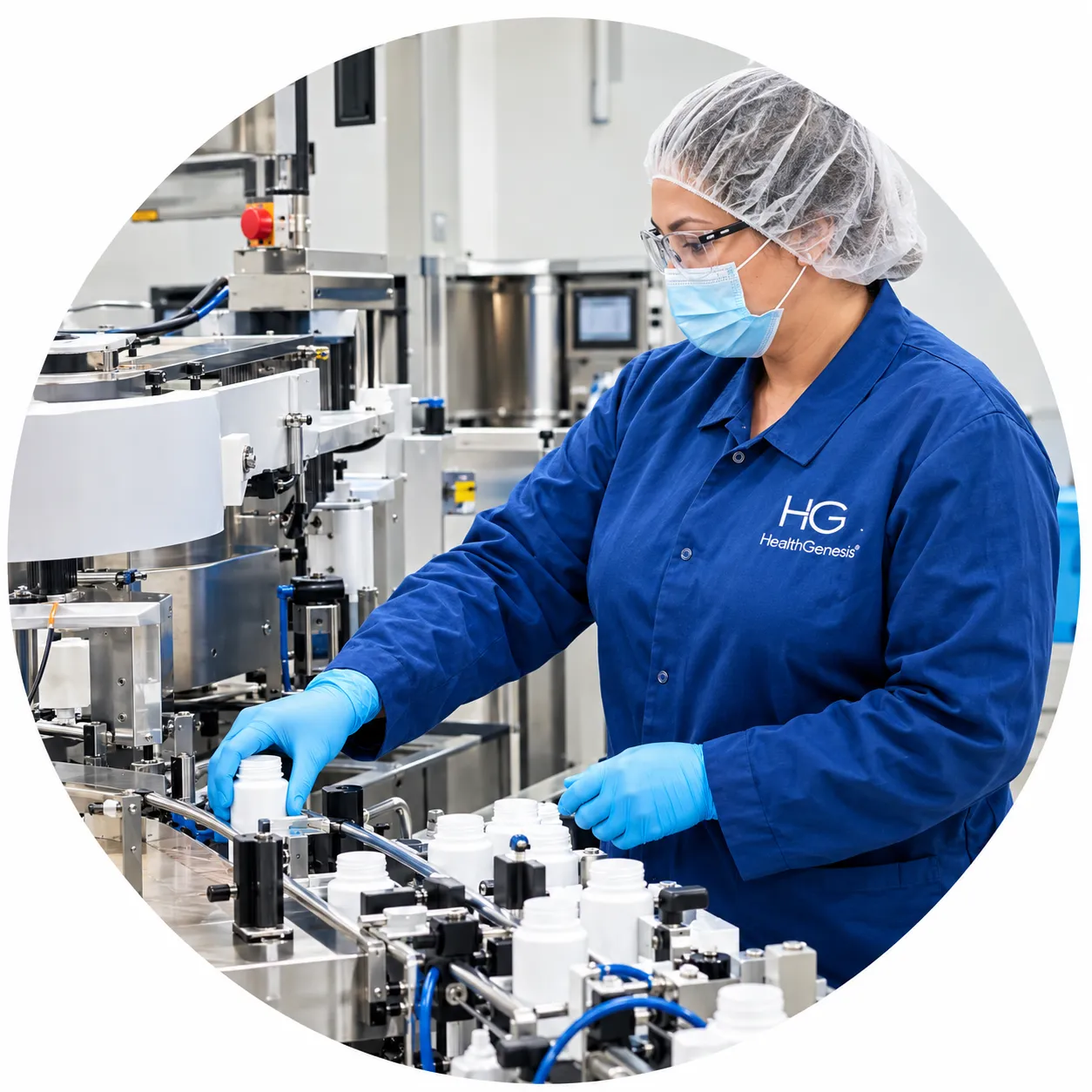 Health Genesis Corporation operator guiding supplement bottles along the filling and labeling line