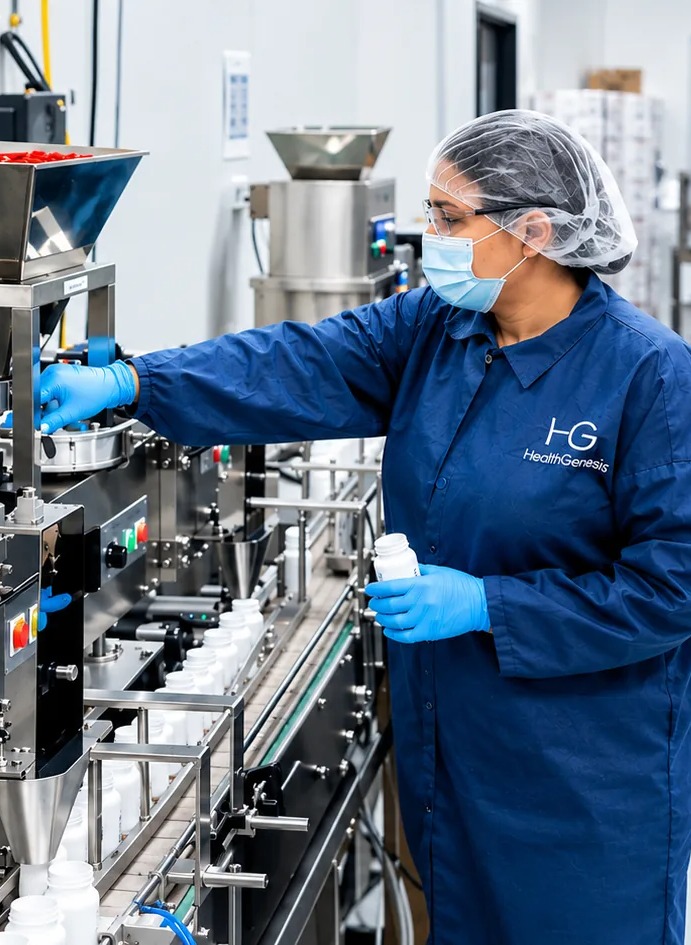Operator running the supplement bottle filling line at the South Florida facility
