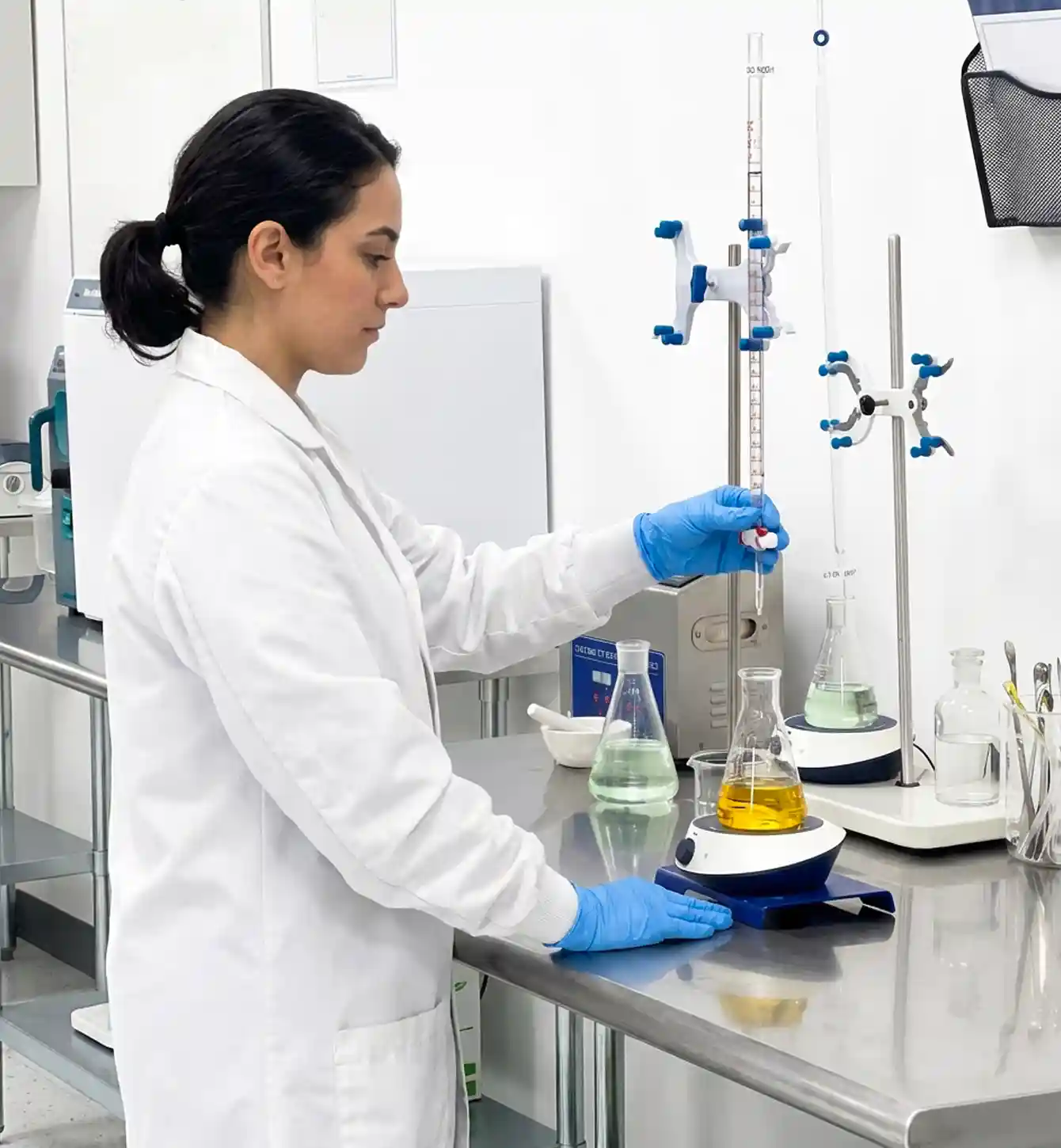 Technician pouring a sample into a conical flask