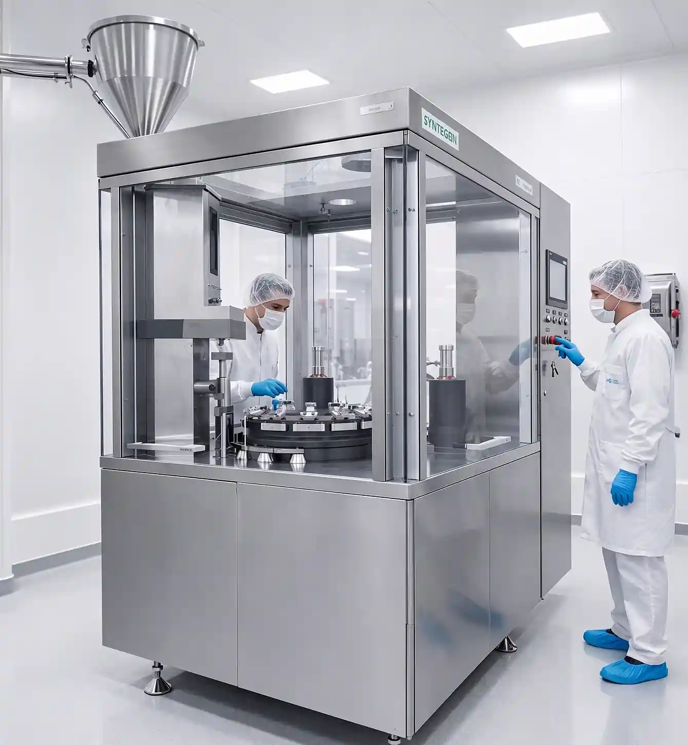 Operators working at an encapsulation machine in a cleanroom