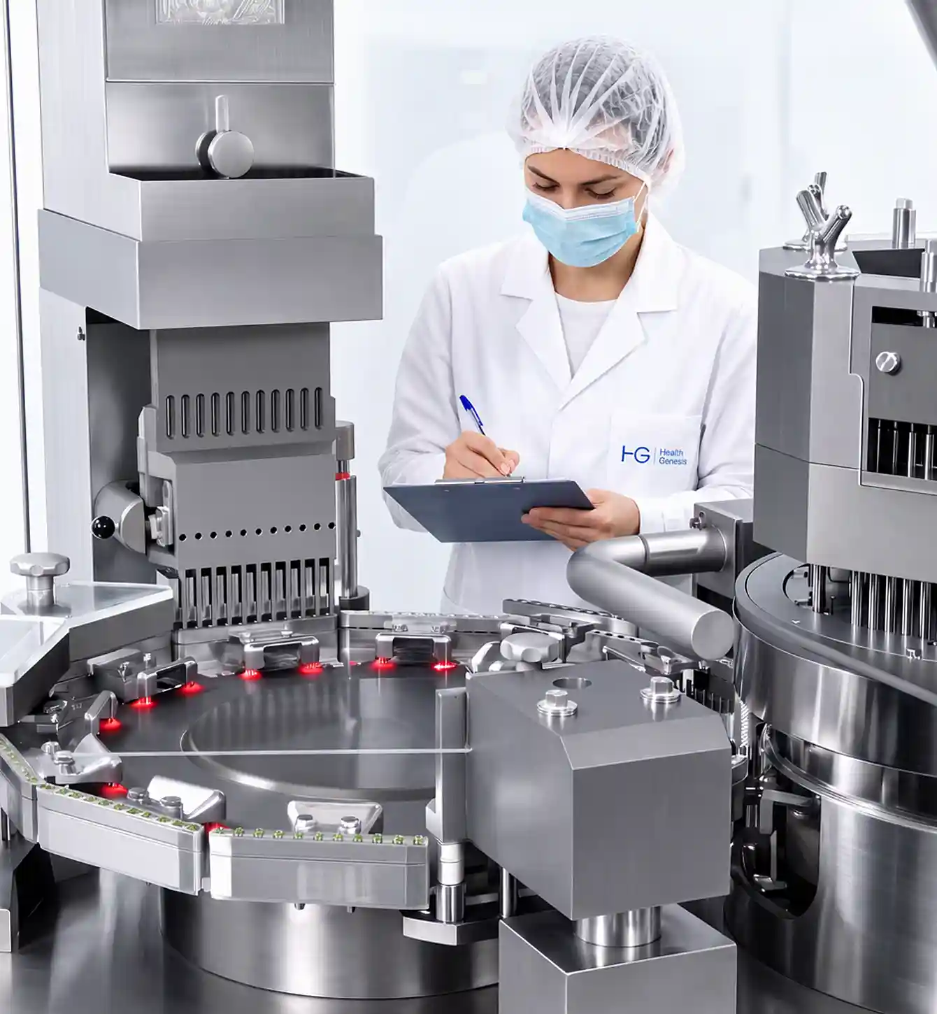 Technician in a hairnet and face mask recording readings beside production equipment